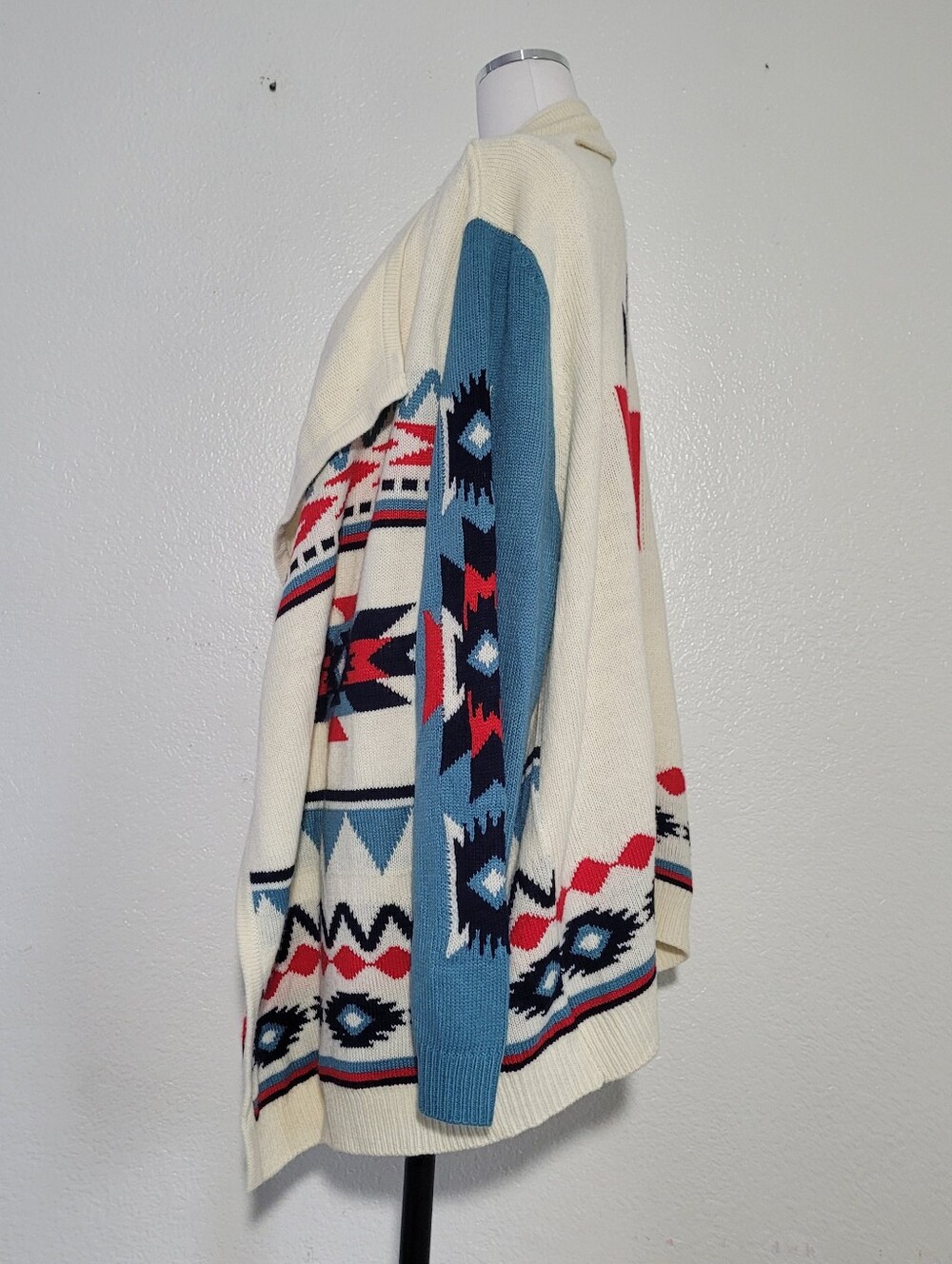 Wrangler Retro Open-Front Aztec Print Cardigan Sweater in Cream Teal Size Large - Picture 5 of 8